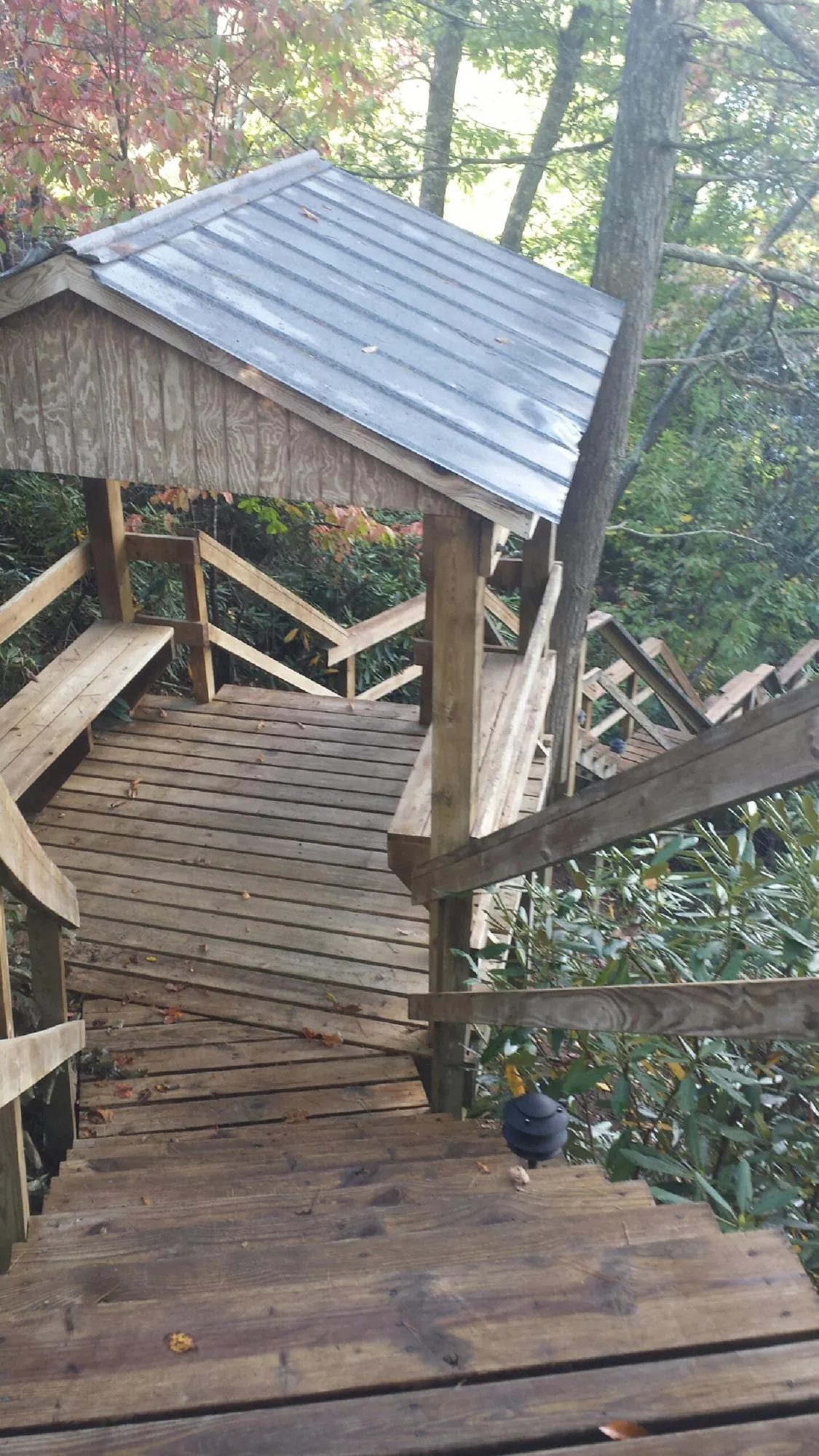 Metal roofed shelter over wooden steps on a wooded walkway — Skylight Repair & Installation work by our crew in Church Point